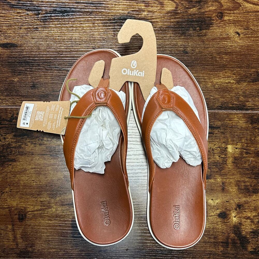NWT OluKai Men's Olali Leather Cushioned Flip Flops Size 12